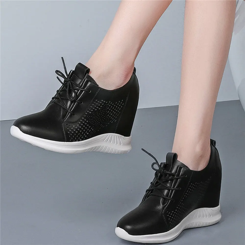 Round Toe Trainers Women Breathable Genuine Leather Wedges High Heel Pumps Shoes Female Walking Ankle Boots Casual Travel Shoes