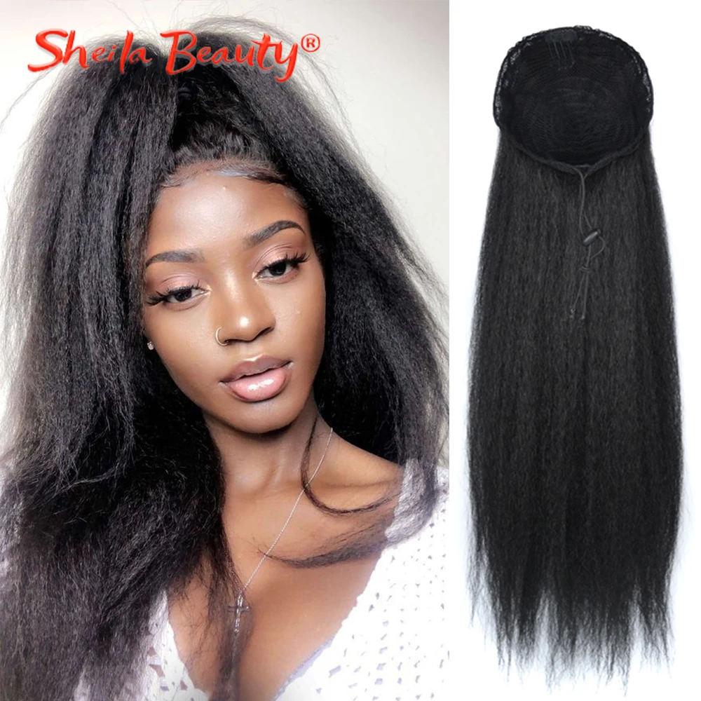 Synthetic Hair Long Afro Kinky Curly Ponytail Extension Yaki Straight  Drawstring Ponytail Hairpieces With Elastic Band