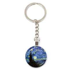 Fashion Starry Night Van Gogh Sunflower Round Glass Dome Van Gogh Art Oil Pendant Keychain Jewelry Accessories Men Women Gift
