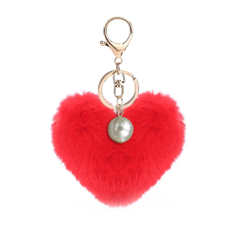 Cute Fluffy Heart  Pearl Keychain For Women Faux Rabbit Fur Ball Car Pendant  Holder Charm Bag Girl Party Gift