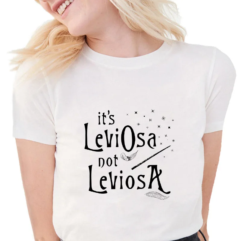 Fashion T Shirts Women Funny Feather t shirt women it\'s LeviOsa not LeviosA Letter graphic Print tee Tops Casual White T-shirts