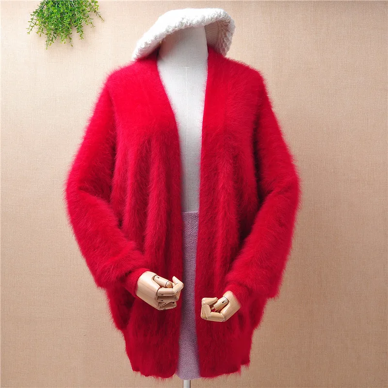 

ladies women fashion hairy christmas red mink cashmere long batwing sleeves loose cardigan mantle angora rabbit fur jacket coat