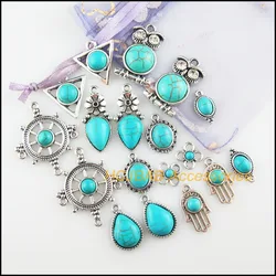 New Turquoise Stone Charms Animal Triangle Flower Palm Teardrop Oval Tibetan Silver Plated Pendants Retro