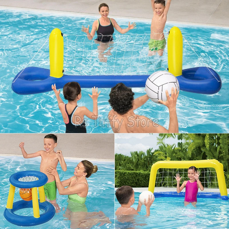 Pool aufblasbare Spielzeuge Volleyball netz schwimmende Handball Tor schießen Basketball korb Outdoor Wasserpark Sportspiel Kreis werfen