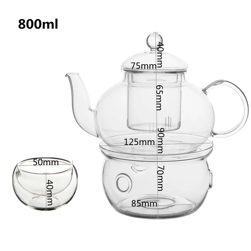 800ML Borosilicate Heat-resistant Glass Tea Pot Set Infuser Teapot Warmer With Strainer Flowers 6 Double Wall Teaware Home Gift