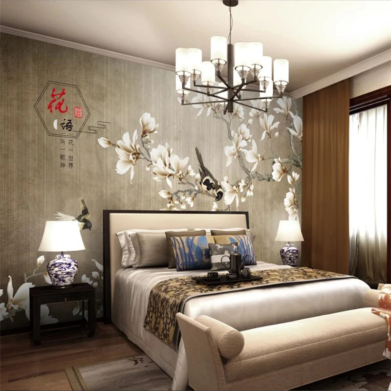 Custom wallpaper 3D mural new Chinese hand-painted pen flower bird white magnolia classical restaurant TV background wall paper