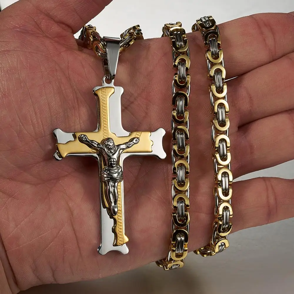 

New Design Jewelry Gold Silver Color Jesus Cross Pendant Necklace Male Gift Stainless Steel 6mm Thick Link Byzantine Chain