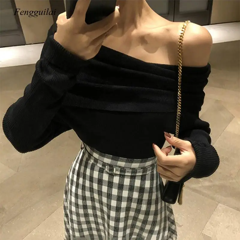 Spring Autumn Off Shoulder Women Sweaters Elegant Vintage Knitted Solid Jumper High Stretch Top