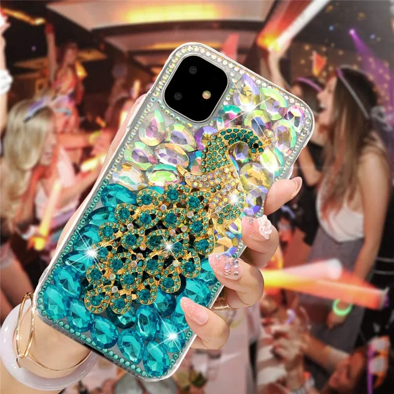 Bling Peacock Gradient Crystal Diamond Glitter Rhinestone Case Cover For iPhone 15 14 13 12 11 Pro XS Max XR X 8 7 6S Plus SE