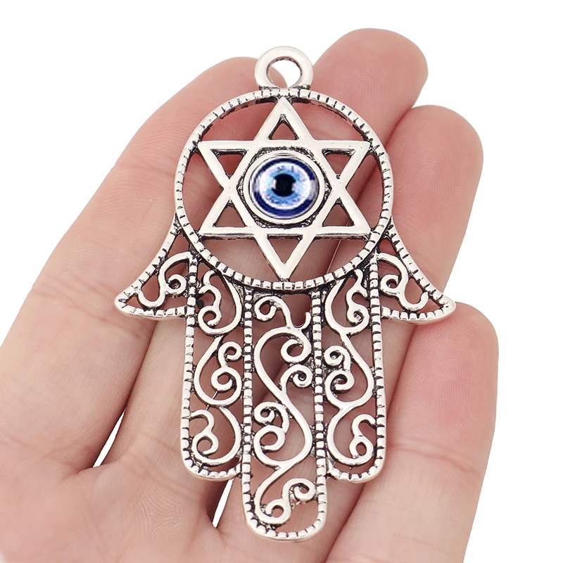3 x duże tybetańskie srebrne drążone złe oko Hamsa ręka Fatima Charms wisiorki na naszyjnik tworzenia biżuterii 75x47mm