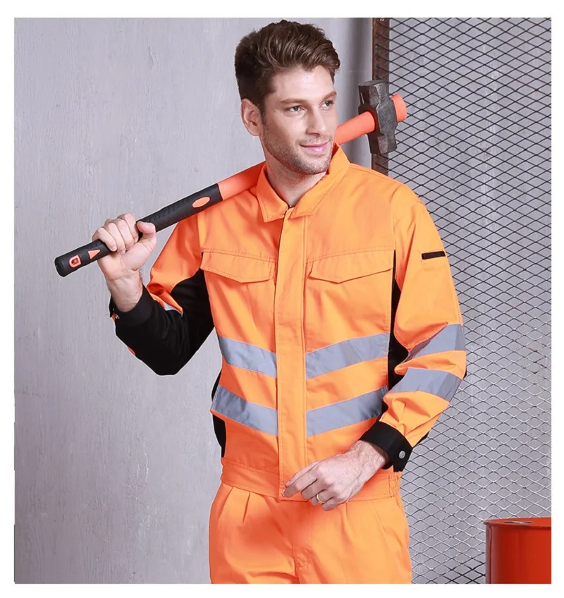 Fashion Men Hi Vis Long Sleeve Work Clothes Set Reflective Yellow Safety Coverall Railway Reflective Factory Engineering Uniform