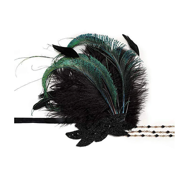 1920s Headpiece Feather Flapper Headband Great Gatsby Headdress Vintage feather+elastic band knitting Warmer Wrap Headwear