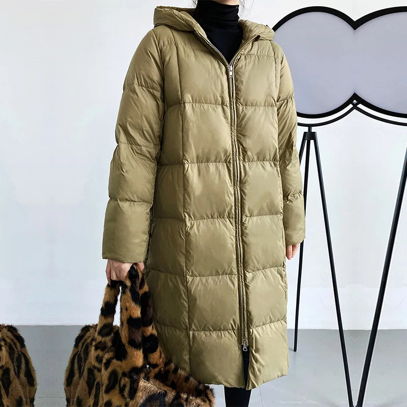 Medium Long Knee Check All Match Jacket Women's 2021 New Hooded Solid Color Chic Warm White Duck Down Coat For Fashion