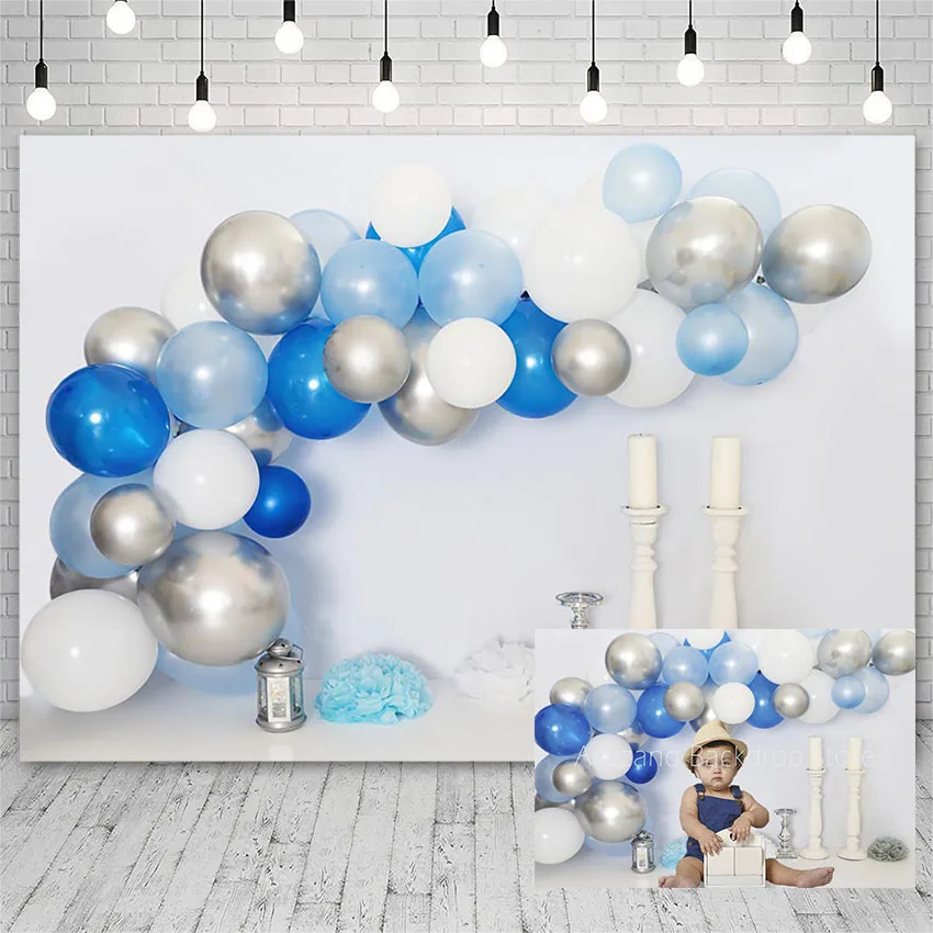 

Newborn Boy Birthday Party Backdrop Blue Balloon Flowers Menorah Cake Smash Photography Background Photo Studio Photozone Decor