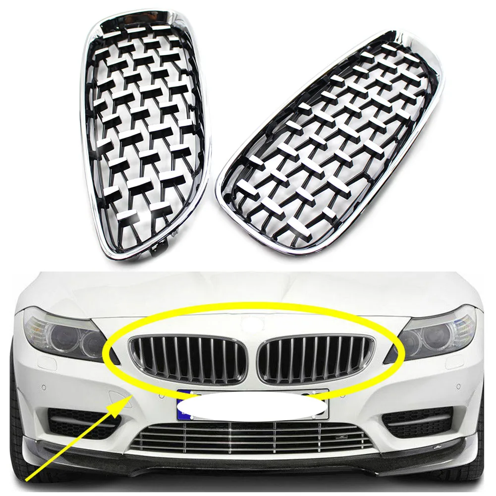 1​Pair Car Front Kidney Mesh Grill Grille For BMW E89 Z4 2009 2010 2011 2012 2013 2014 2015 2016 Chrome Diamond Meteor Style