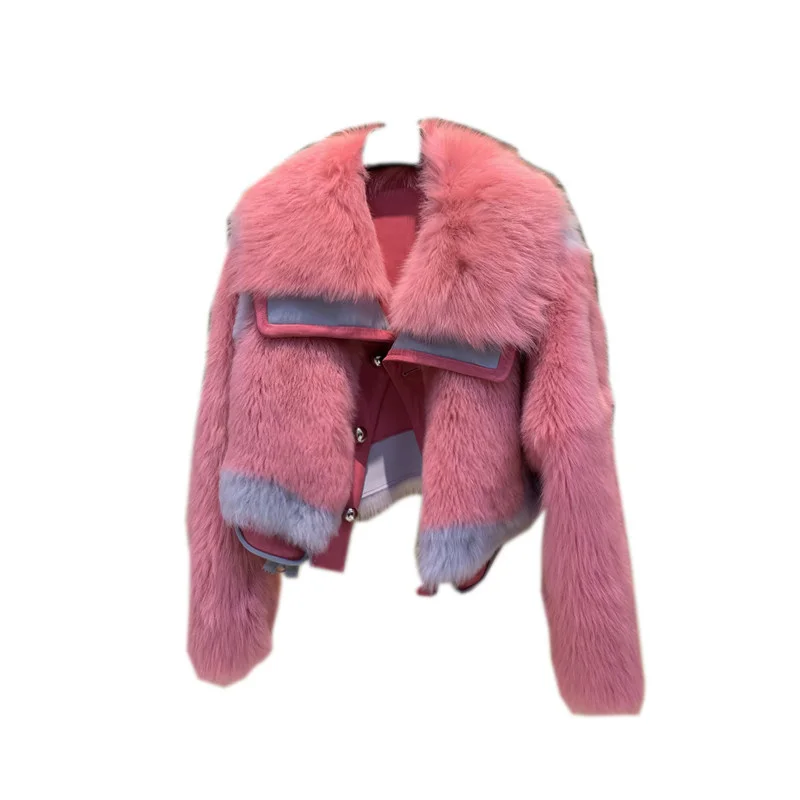 Chaqueta de piel de oveja auténtica para mujer, abrigo de color rosa de doble cara para invierno