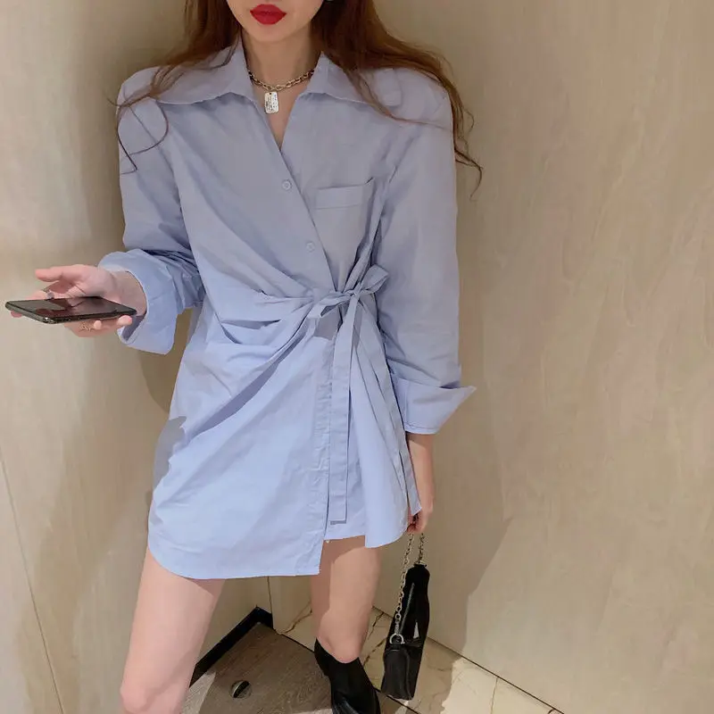 Shirt Women Solid Bandage Casual Female Long Sleeve Loose Elegant Tops Vintage Fashion All-match Simple Popular Streetwear Chic