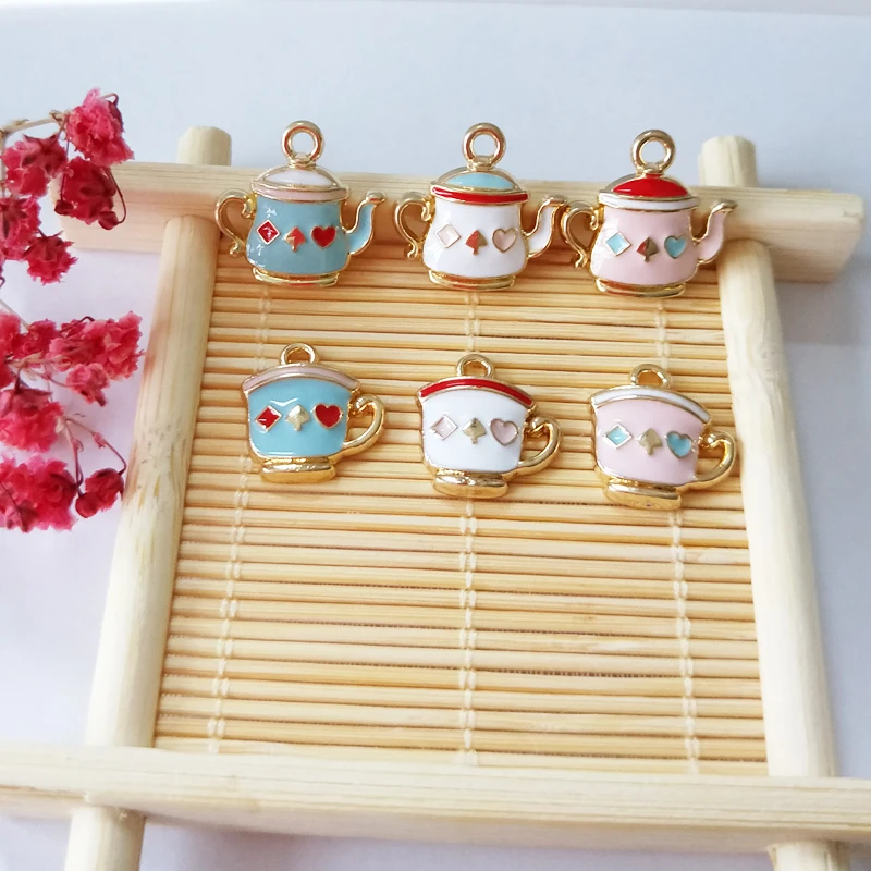 10pcs Enamel Tea set Charms Pendants Oil Drop Teacup Teapot Metal Charms Earrings Bracelet Floating Fit DIY Jewelry Accessories