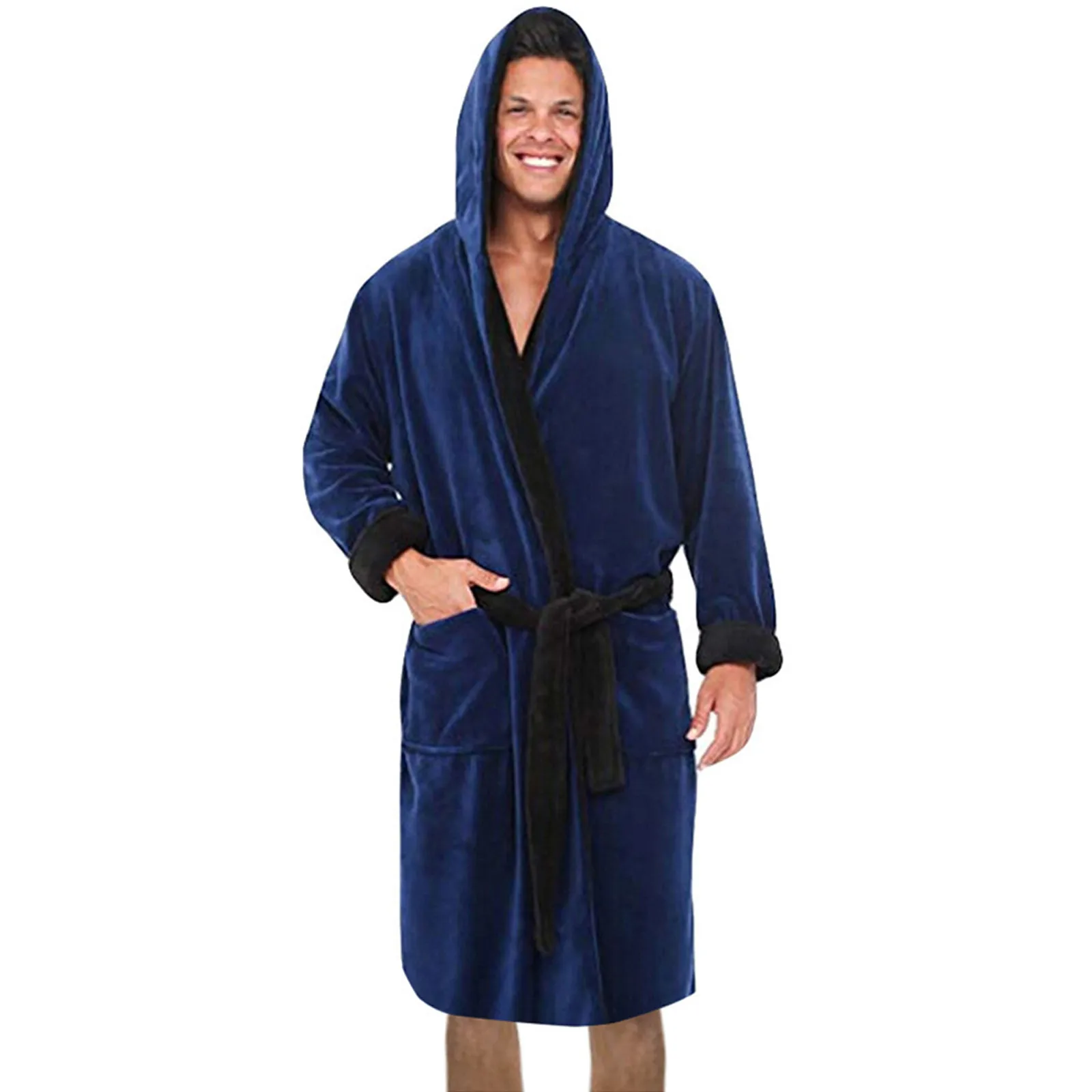 Men\'s Robe Coat Bathrobe 2021 Autumn Winter Solid Hooded Nightgown Plush Shawl Bathrobe Home Clothes Long Sleeved Robe Coat