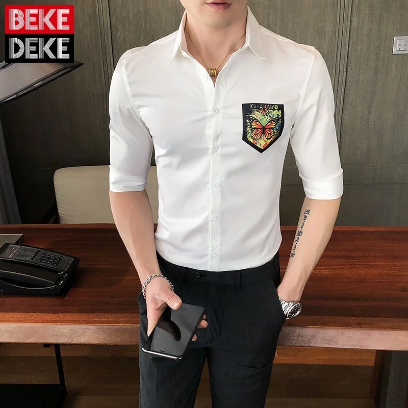 

Office Business Half Sleeve White Shirt Men Summer New Casual Print Slim Tops Square Collar Single Breasted Shirts Male M-3XL