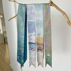 Luna&Dolphin Water Lily Oil Painting Silk Skinny Scarf Artistic Sense Tie Bag Headband Belt Wild Decorative Ribbon Waistband