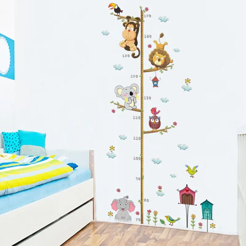 Calcomanía de medida de altura con dibujos de animales para niños, pegatinas de pared extraíbles, bricolaje, papel tapiz para guardería, decoración del hogar y la habitación de los niños