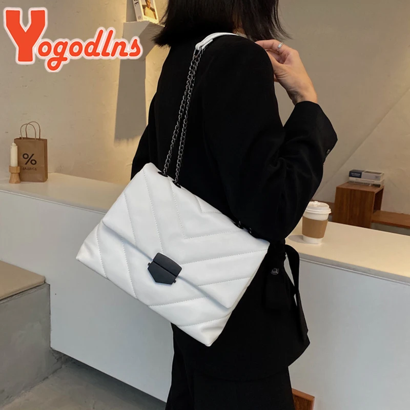 Yogodlns Luxury Thread PU Leather Crossbody Bags Women Fashion Chain Messenger Shoulder Bags Female Large Capacity Lady Handbag