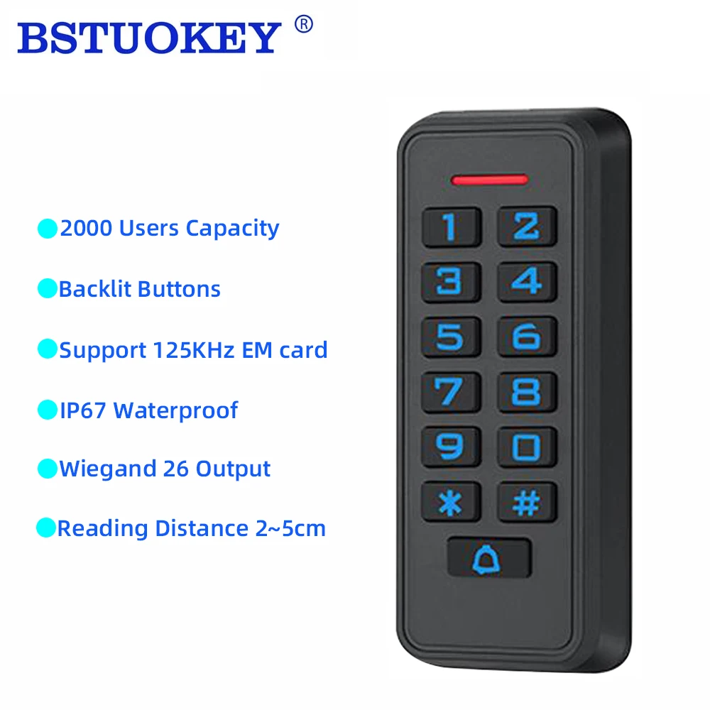 

Backlit Keypad Password Access Controller Reader Waterproof 2000 Users 125khz ID Card Reader Wiegand 26 Door Access Control