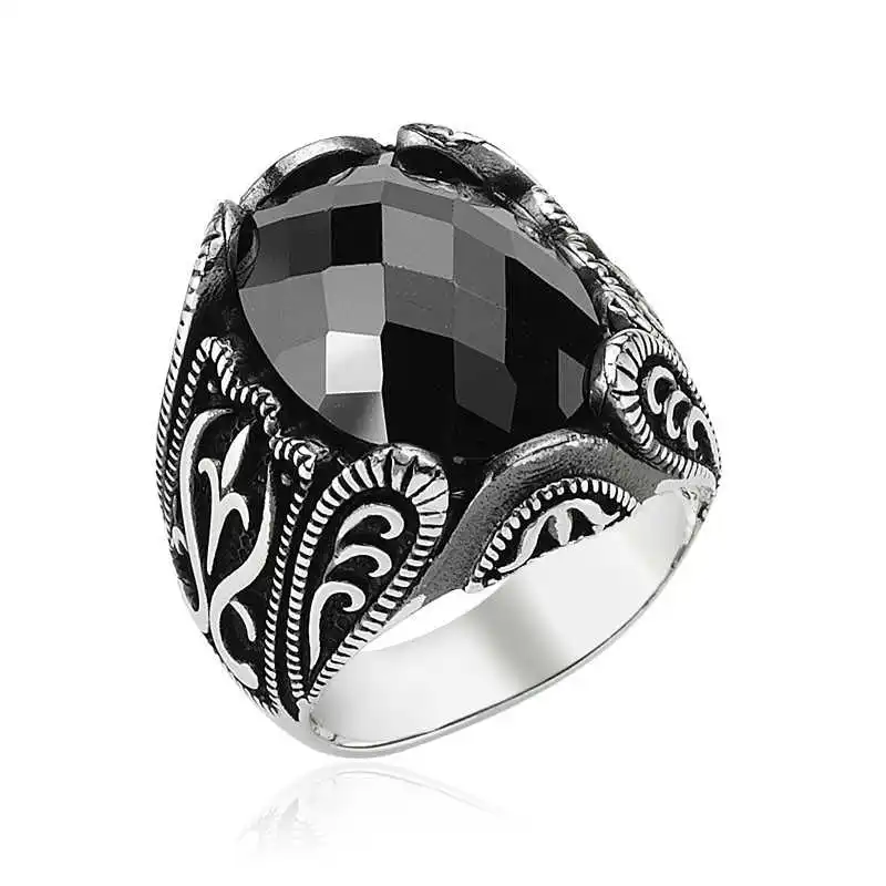 Silver Black Stone Men's Ring - 925 Sterling Men's Jewelry Wedding Birthday Gift - Box - Men - Fashion - Botiva - Size - Turkish - Patterned Embroidery