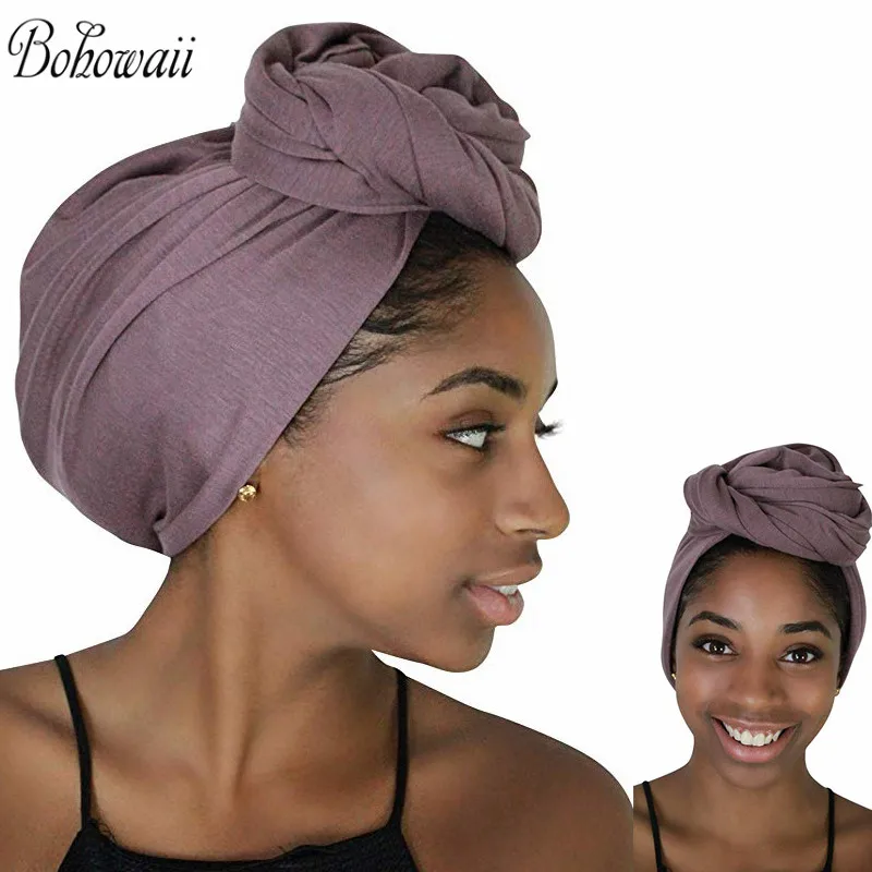 BOHOWAII Casual Jersey Turbante Solid Color Head Wrap -Stretch Long Hair Scarf Turban Tie Bonnet Hijab Scarves 180x80cm Tulband