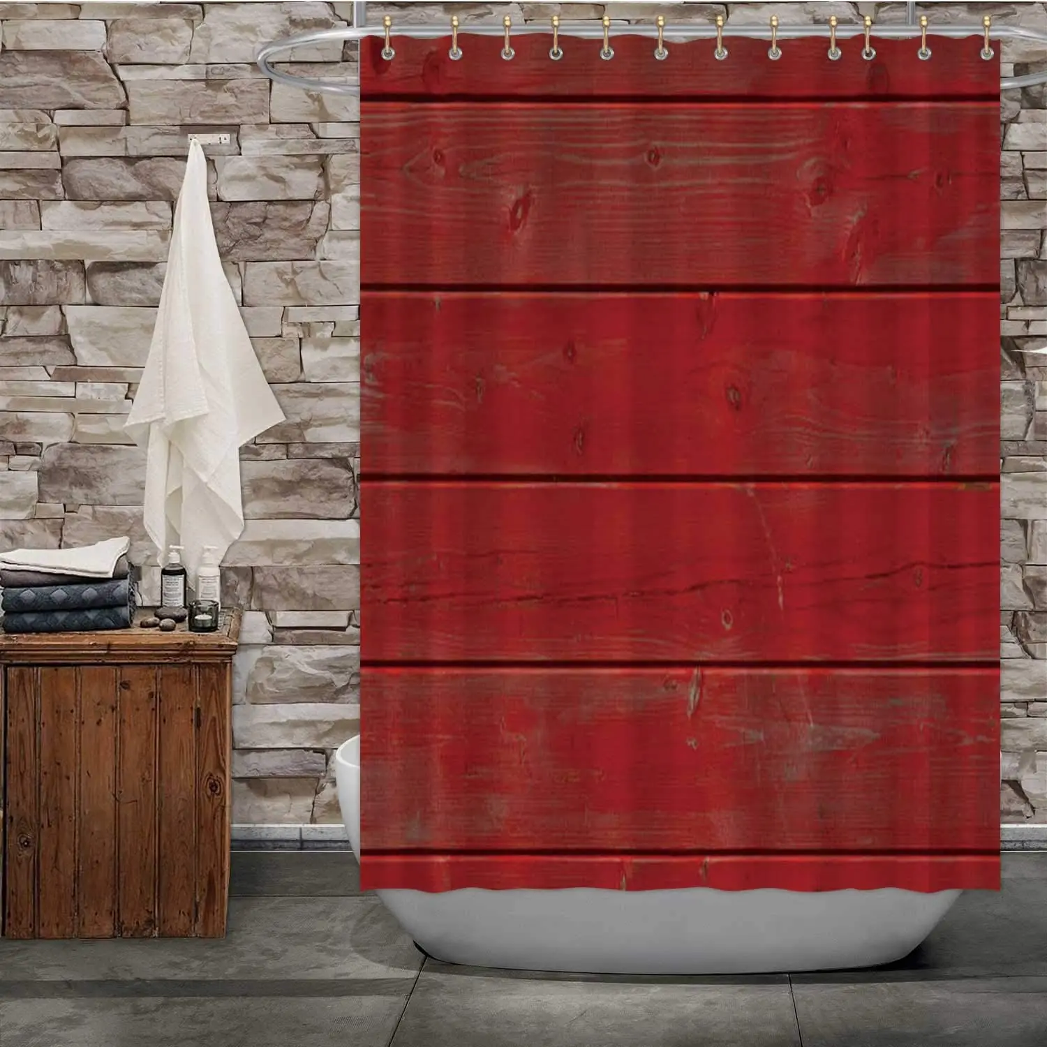 Red Painted Wooden Board Texture Fabric Shower Curtain