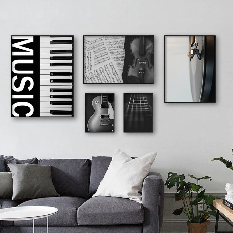 

Black and White Guitar Piano Violin Sheet Music Picture Wall Art Canvas Painting Nordic Poster Print for Living Room Home Decor