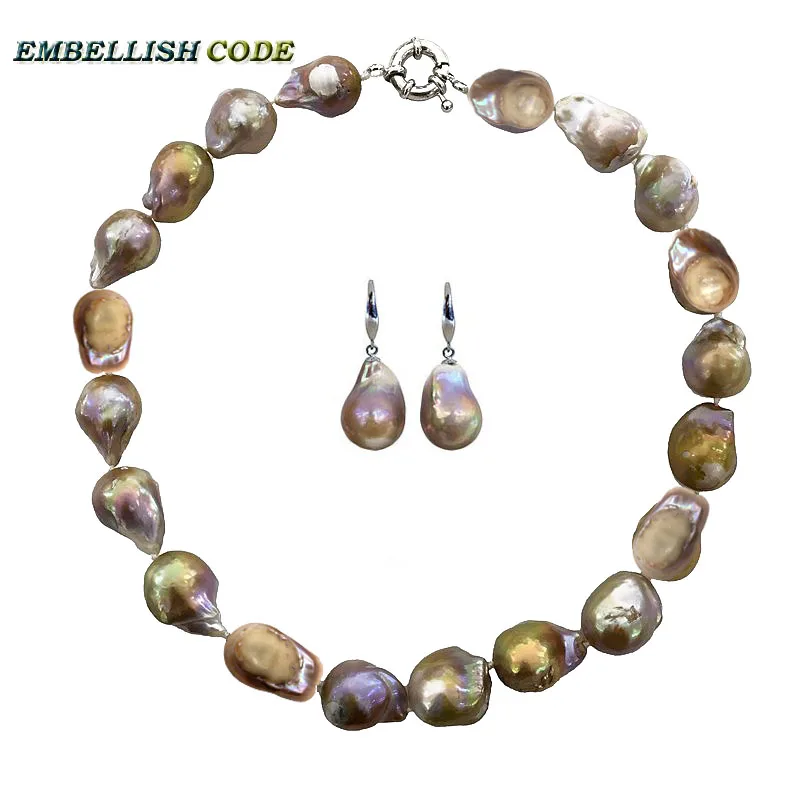 

NEW baroque necklace hook earrings set large size purple gold color nucleated flameball pear shape pearl statement necklace hook