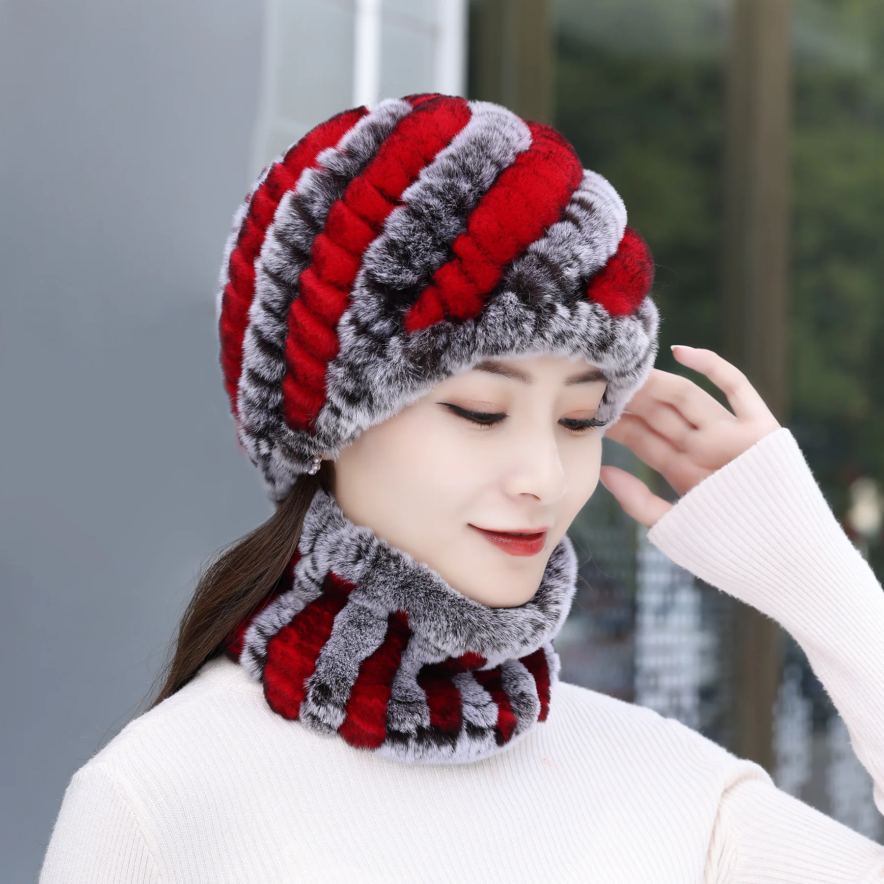 

X134 Women Knitted Soft Rex Rabbit Fur Hat Scarf Lady Rex Rabbit Fur Cap Scarves Natural Rex Rabbit Fur Ring Shawl Hats