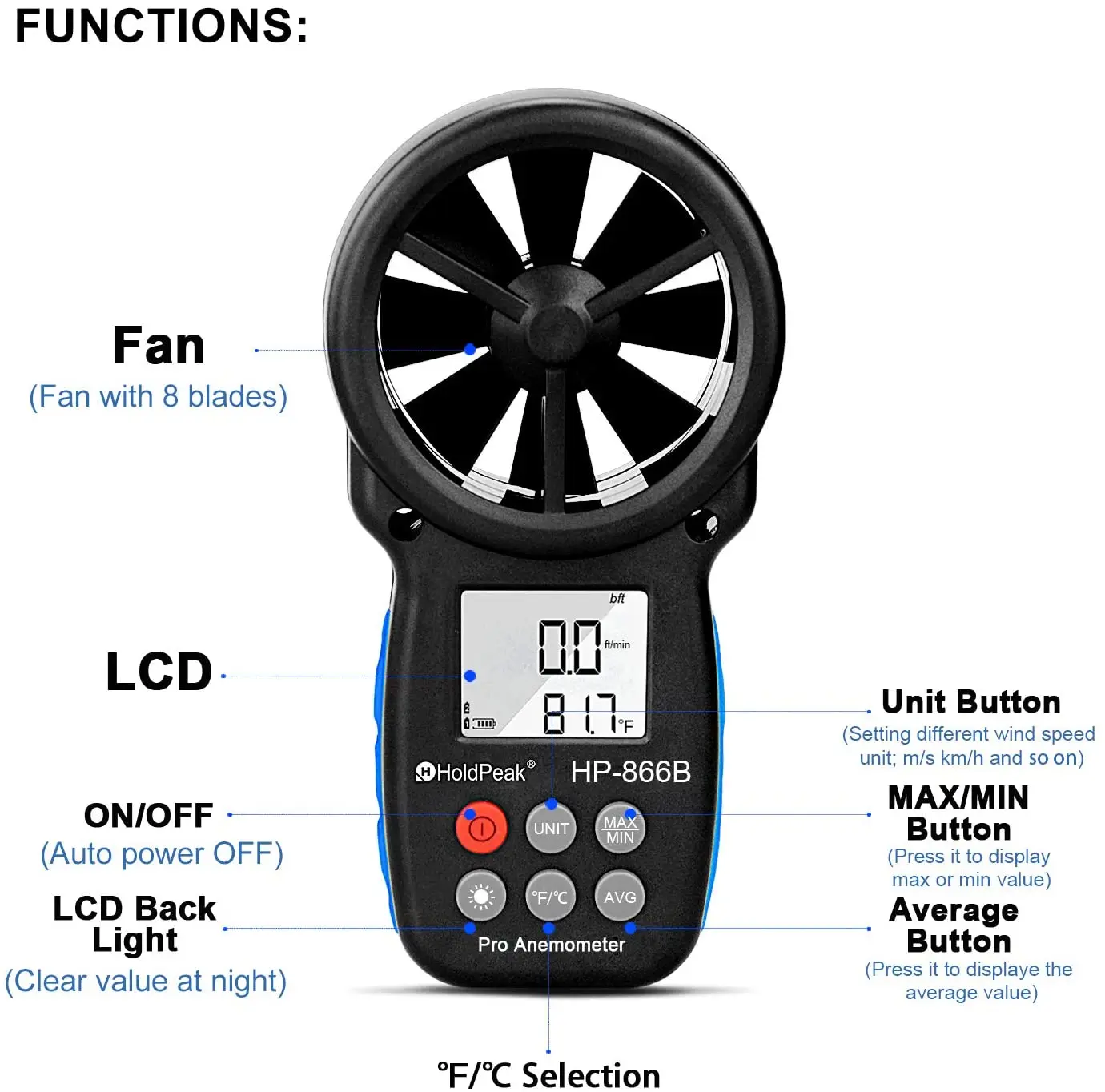 HoldPeak HP-866B Digital Anemometer Wind Speed Meter Measures Wind Speed Temperature HP-877 Handheld Wind Meter Test Humidity