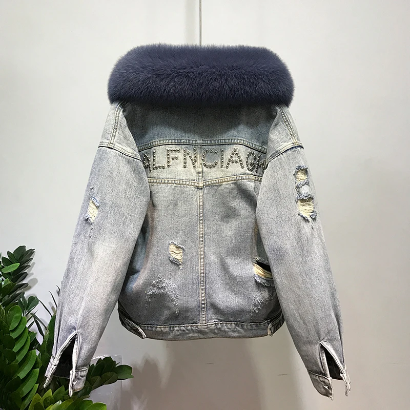 2023 winter new denim parka for women letter pattern beaded rivets frayed jean coat female real fox fur collar loose warm jacket