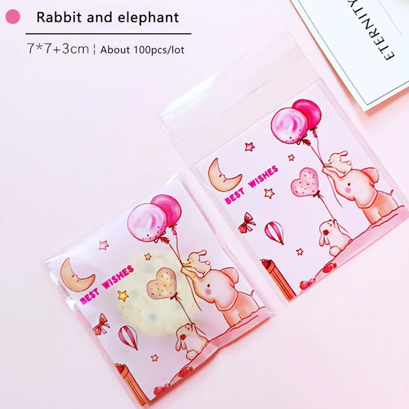 

100pcs/lot Cartoon Bunny Elephant Playing Balloons Decor Self-adhesive Bag Cute Cellophane Snowflake Crispy Cookies Goodie Bags