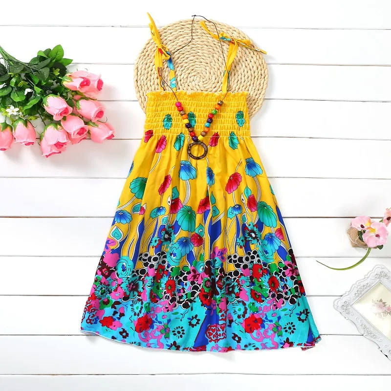 Summer Girls Floral Dress Sling Ruffles Bohemian Beach Princess Dresses for Girl Clothing  2 6 8 12 Years With Necklace Gift