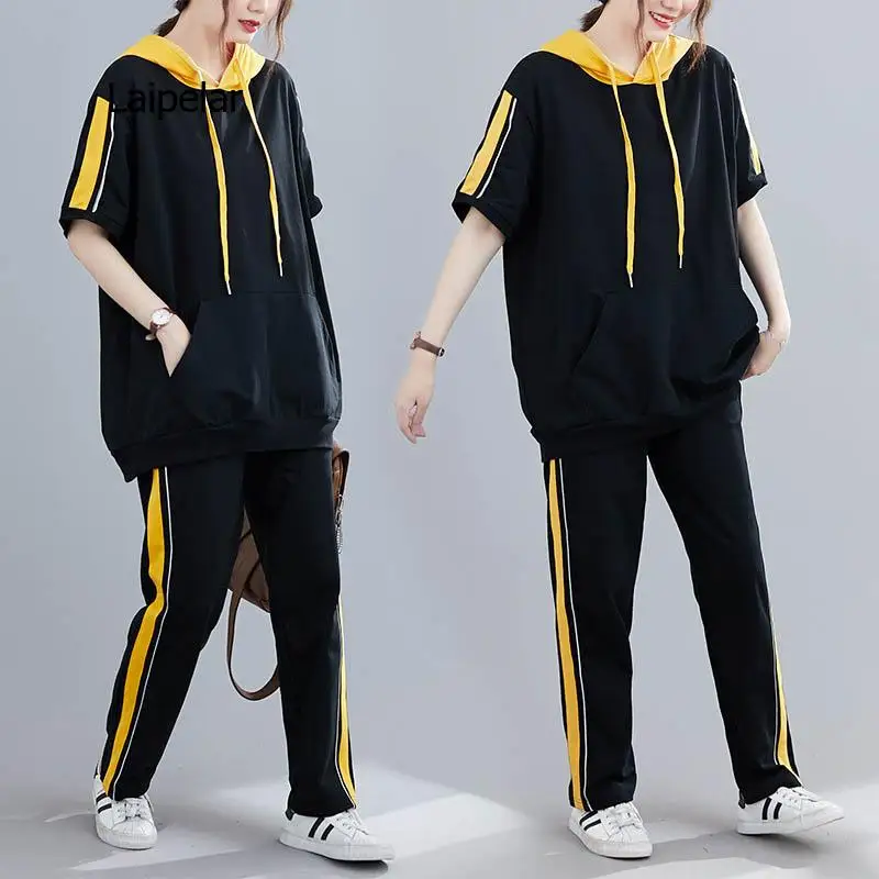 Summer striped hooded sports suit women  bust 150cm 6XL 7XL 8XL 9XL loose casual thin sports suit women black color