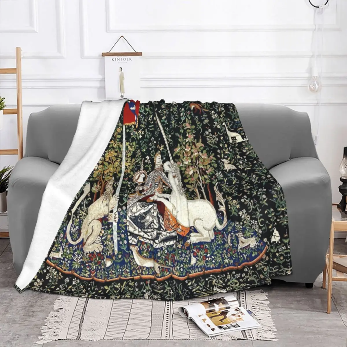 The Lady And The Unicorn Midnight Floral Knitted Blankets Fleece Medieval Renaissance Soft Throw Blanket for Bed Bedroom Quilt