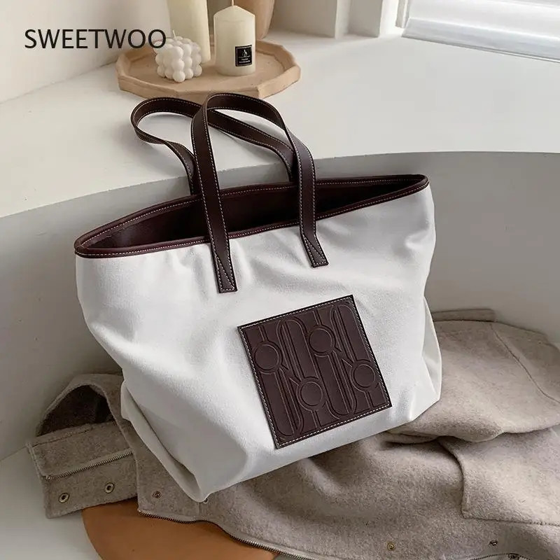 Women Canvas Tote Bag Single Shoulder Duffel Bag Simple Big Color Fashion Match Everything New 2021