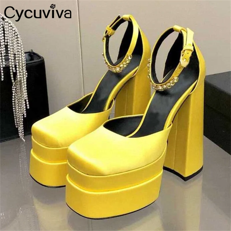 

Round toe Thick sole Rome Pumps Platform Super High heels Women's Fashion Week Silk Bride Shoes Summer Wedding Party Shoes Mujer