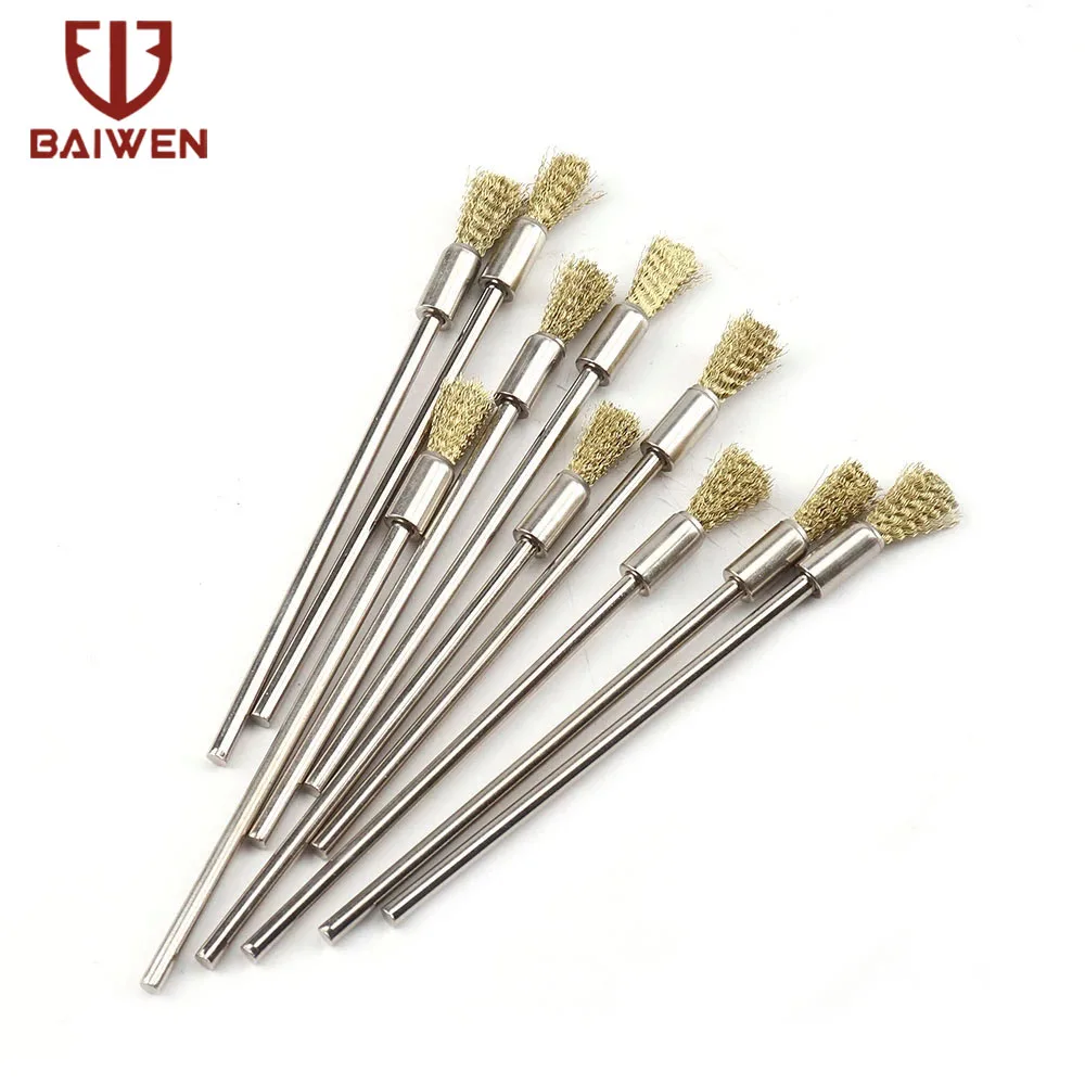 10 Pack Rvs Draad End Borstel Set 3Mm Schacht Messing Pen Vorm Draad Polijsten Borstel Voor Dremel Rotary accessoires
