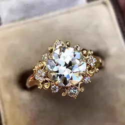 Hot sale Classic Yellow Gold Color Sun Flower Rhinestone Rings Luxury Wedding Band Geometry Blue Zircon Stone Ring
