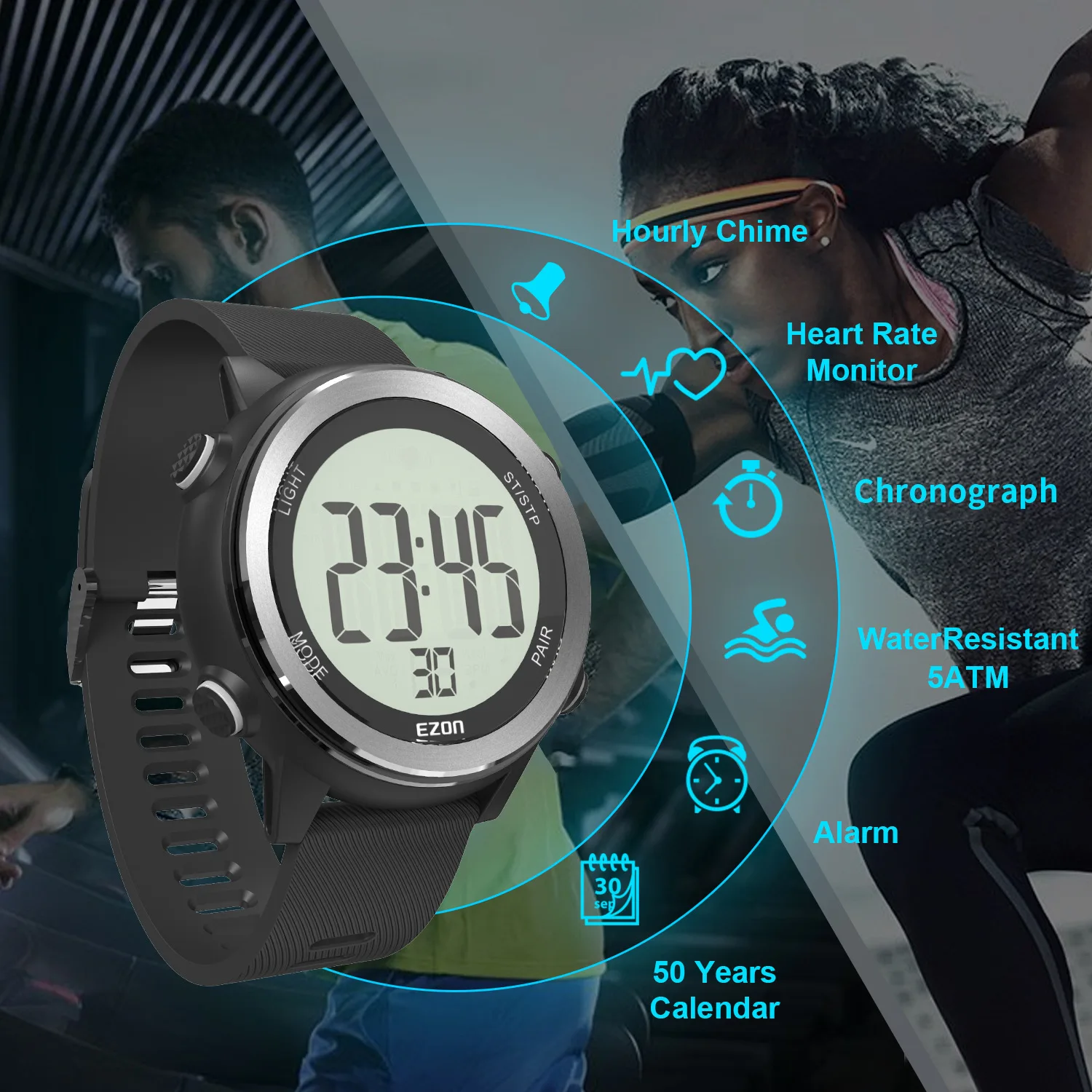 Men\'s Bluetooth Heart Rate Monitor Cycling Digital Watch Alarm Chronograph Calorie Counter Sport Watch with Chest Strap