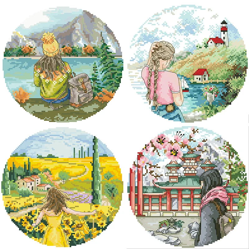 Four Seasons Tour Landscape Stamped Cross Stitch Embroidery Kits Needlework Packages 11CT 14CT Diy Handmade Paintings Home Decor