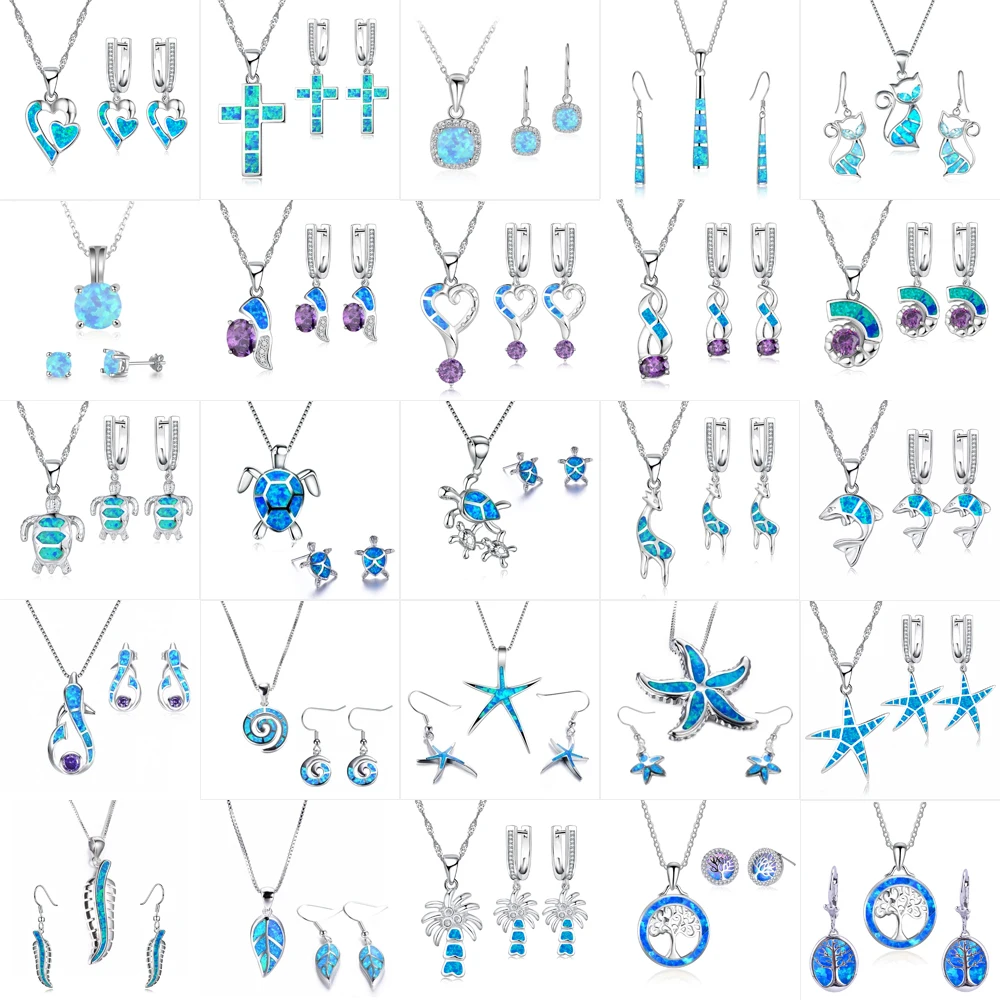 32 Styles Trendy Geometric Shape Jewelry Set For Women Imitation Blue Fire Opal Purple Crystal Pendant Necklace Earrings Jewelry