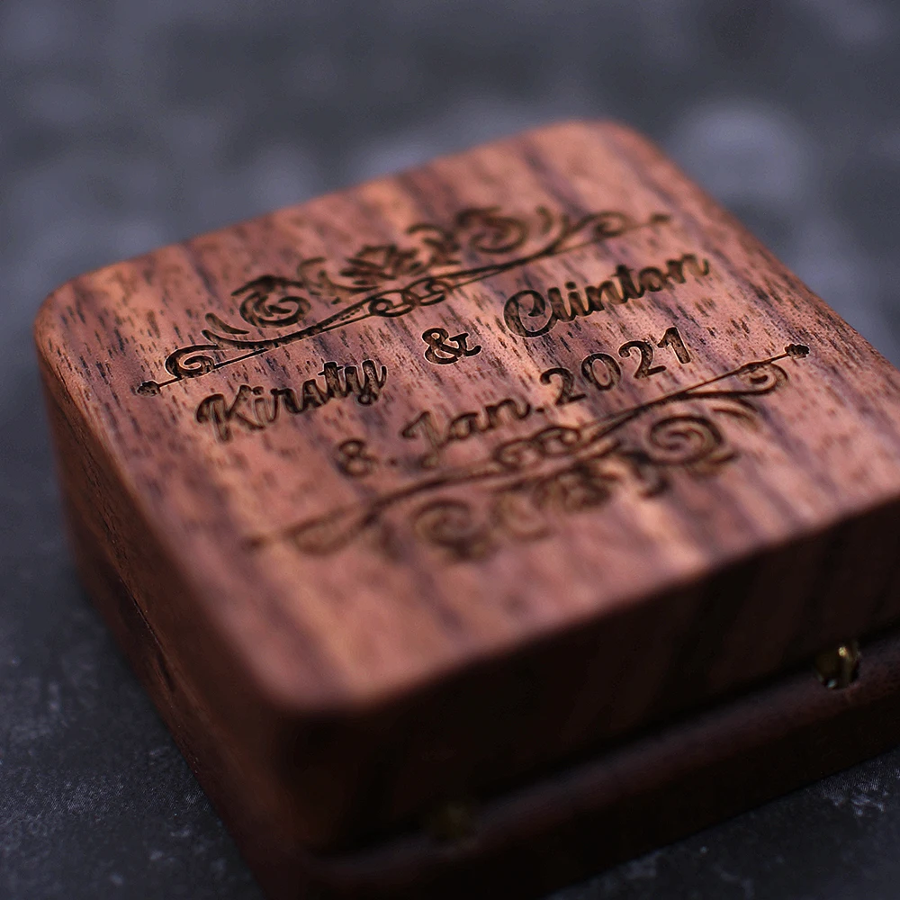 Wood Engagement Ring Bearer Box Rustic Custom Bride & groom Wedding Ring Box Pillow engraved Name Square Gift Wooden jewelry box - Image 6