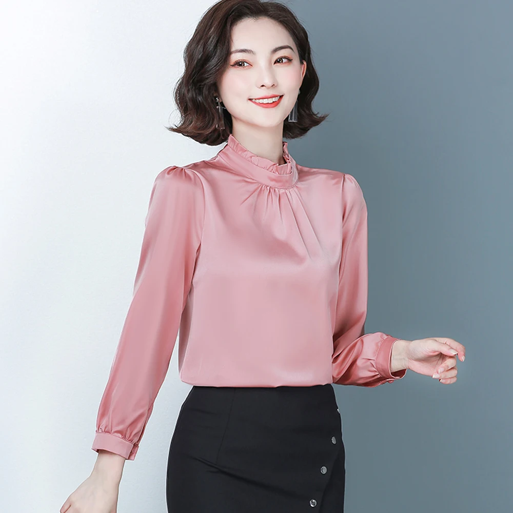 New Fashion Woman Blouses 2024 Long Sleeved Women\'s Shirts Satin Blouses Office Work Wear Tops Ruffles Stand Collar Shirts Femme