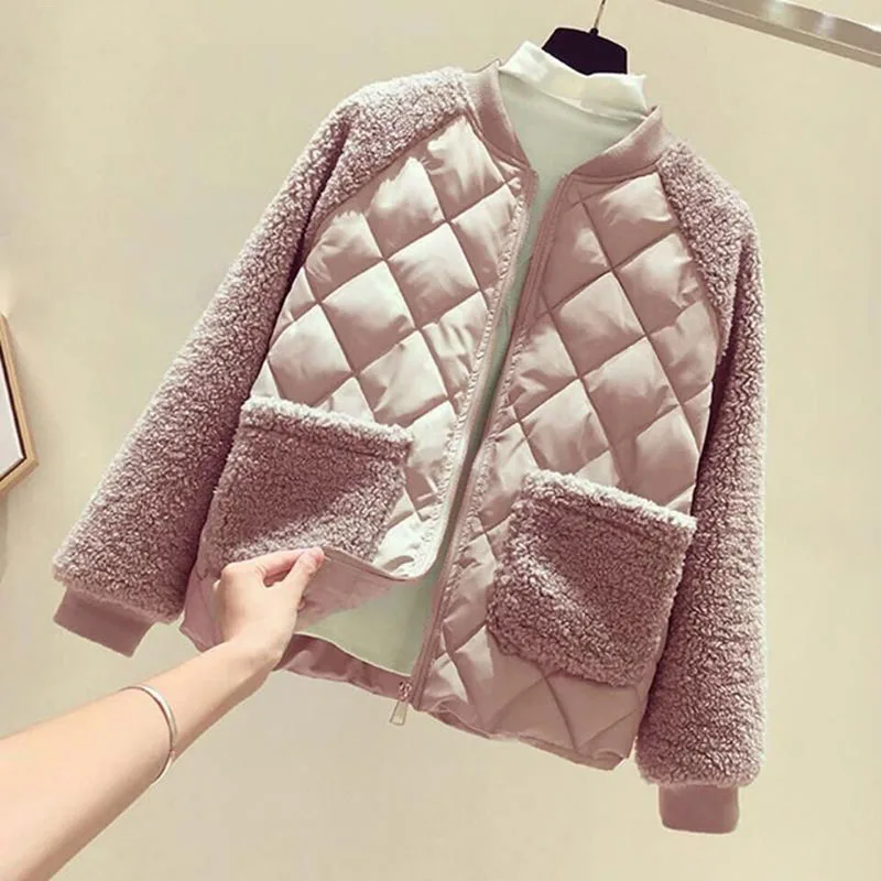 Lucyever Korean Style Short Parkas Women Fashion Patchwork Lamb Cashmere Down Jacket Female 2021 Autumn Winter Warm Casual Coats